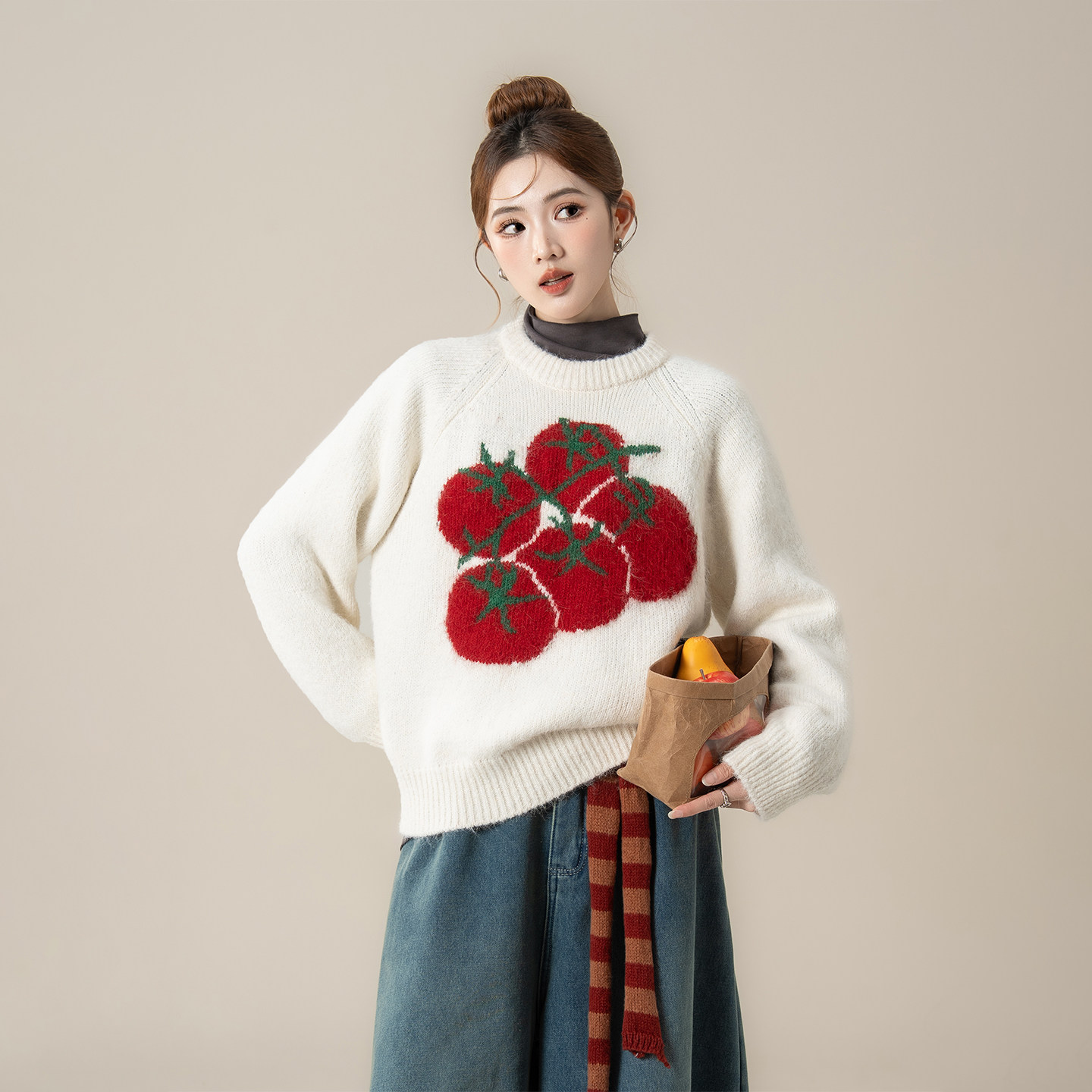 杏色韩系圆领番茄提花毛衣女春秋新款宽松慵懒百搭套头针织衫上衣