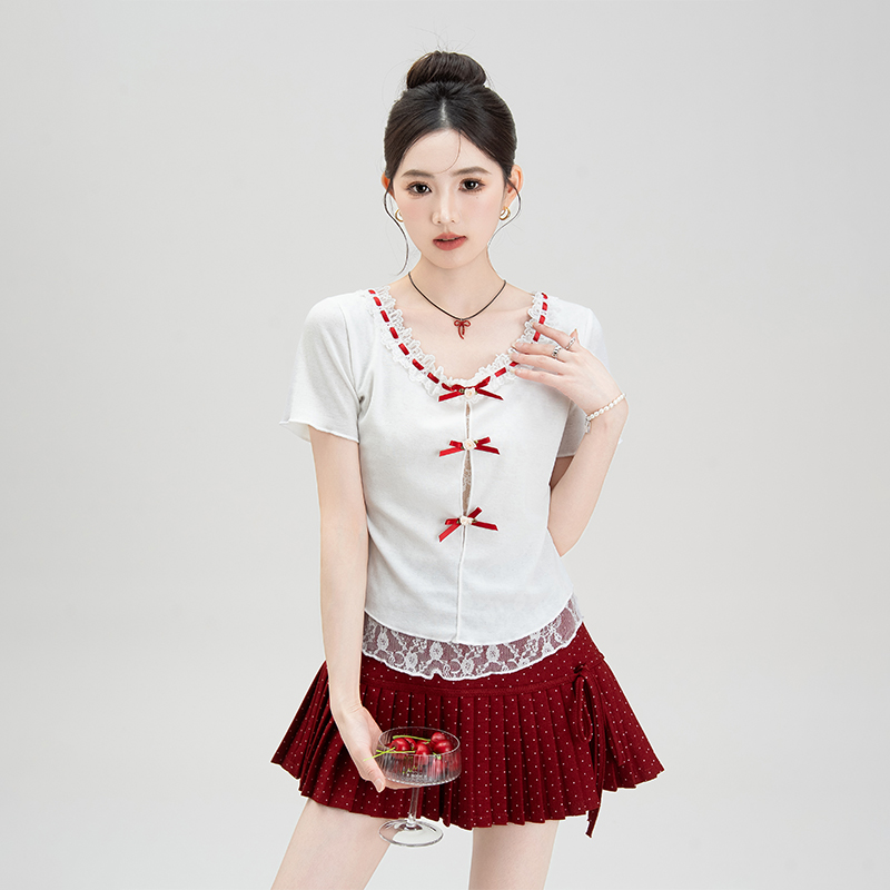 白色蕾丝短袖T恤甜辣修身上衣女