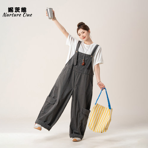 工装风大口袋背带裤阔腿连体裤女