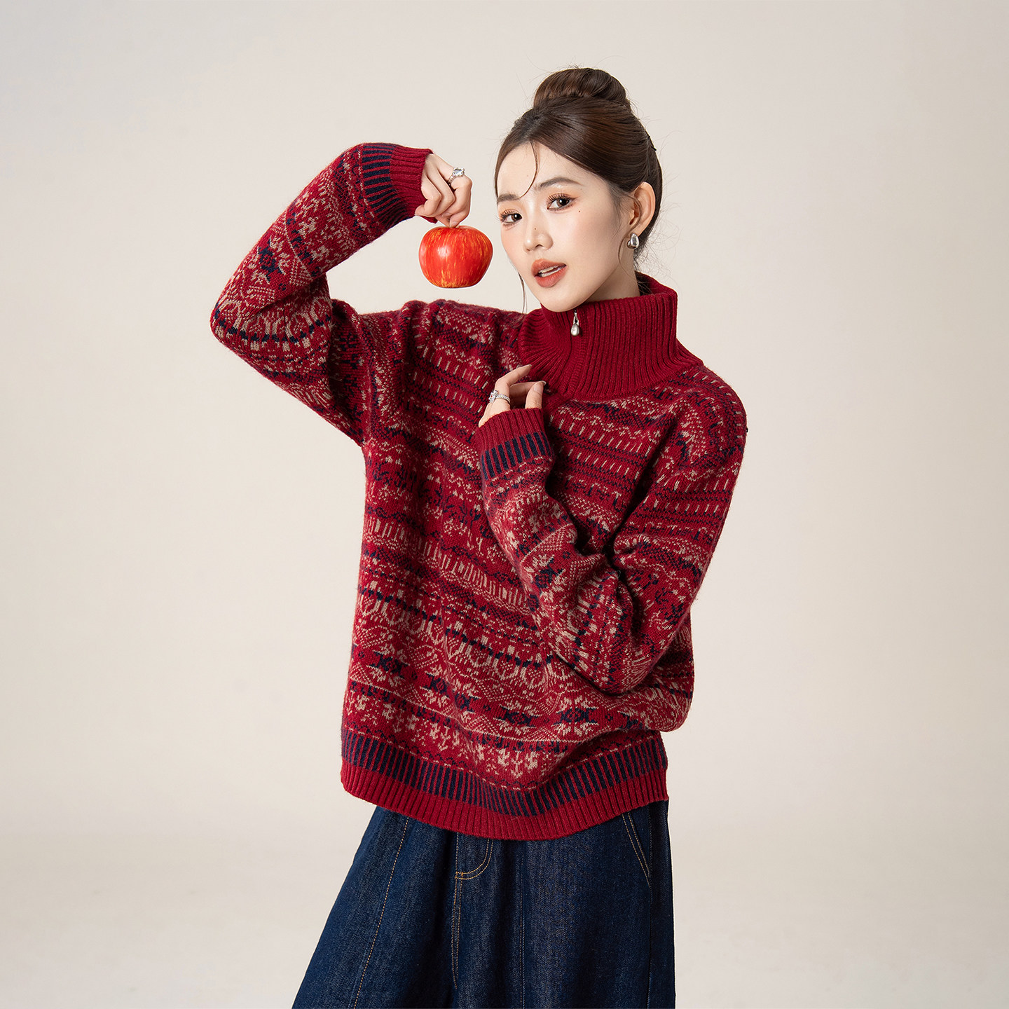 费尔岛风红色半拉链提花针织衫毛衣女冬季新款高领拉链打底衫上衣