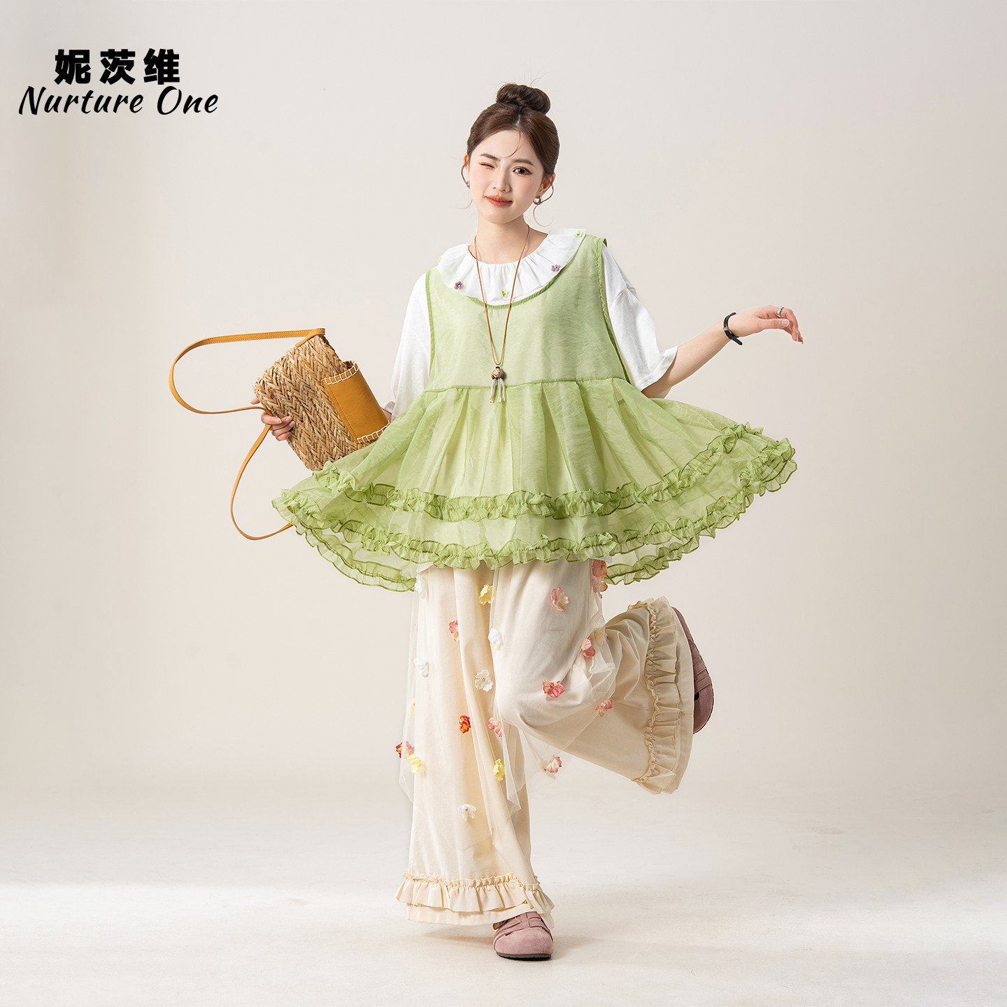 妮茨维【轻雾雪纺】甜美小清新木耳花边上衣女夏季叠穿搭马甲背心