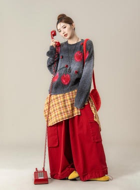 深灰色樱桃提花针织衫女秋冬新款软糯慵懒风宽松百搭圆领毛衣上衣