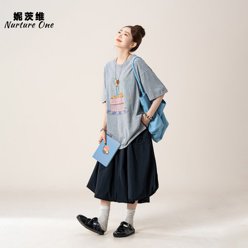 圆领卡通印花T恤宽松显瘦上衣女