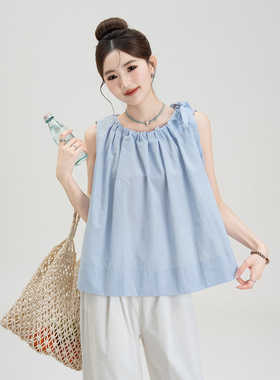 蓝色法式甜美无袖衬衫女夏季穿搭蝴蝶结绑带褶皱宽松显瘦背心上衣
