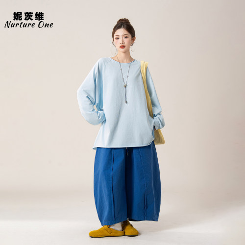 蓝色卷边长袖T恤显瘦休闲上衣女