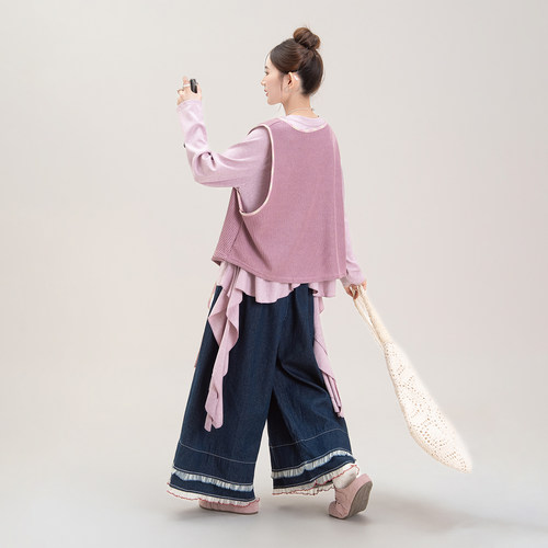 紫色不规则T恤背心牛仔裤套装女