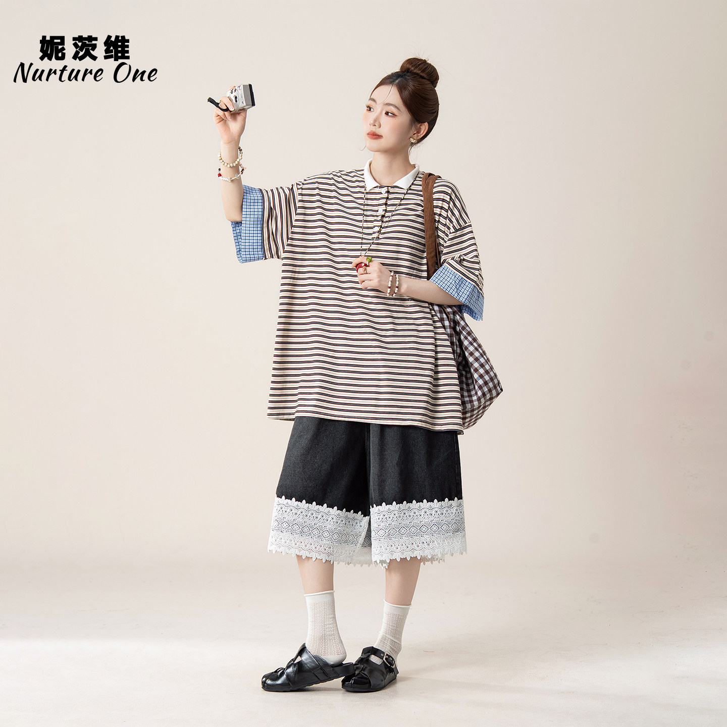 妮茨维【彩纹闲趣】韩系简约条纹短袖POLO衫不费力穿搭短裤两件套