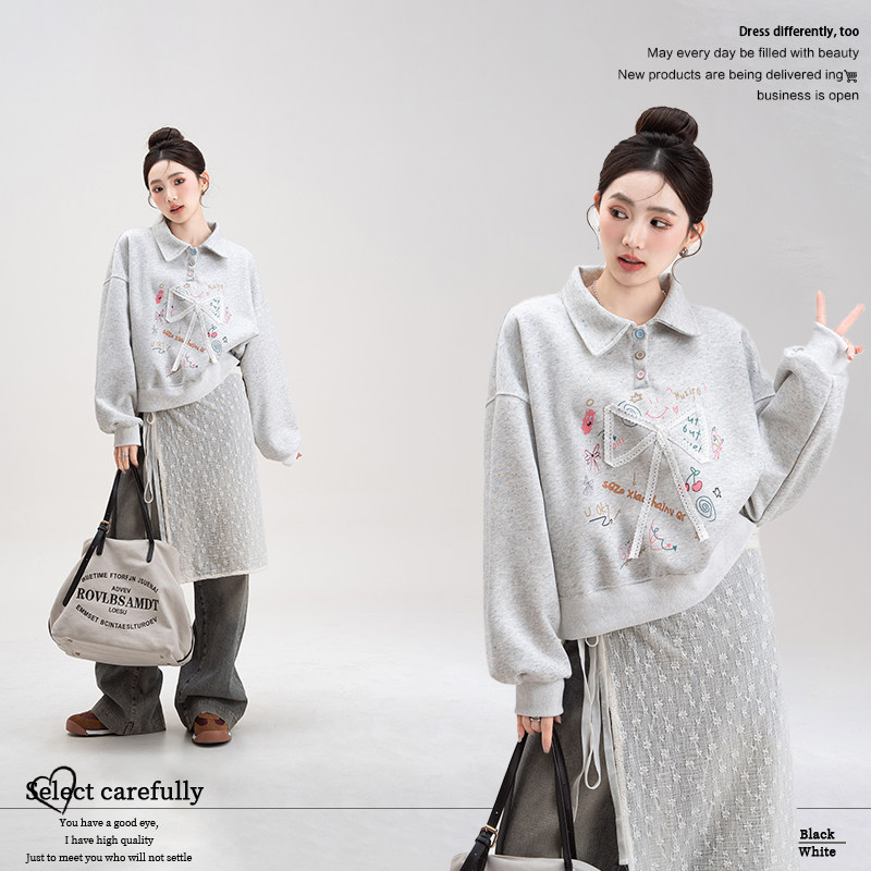 妮茨维灰色polo领无帽卫衣女春季新款蝴蝶结贴布印花宽松长袖上衣,女装/女士精品,POLO衫,淘宝优惠券,粉丝福利购,淘宝优惠卷