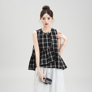 黑色復(fù)古不規(guī)則格紋無袖 女夏季 新款 蕾絲拼接寬松顯瘦上衣 背心襯衫