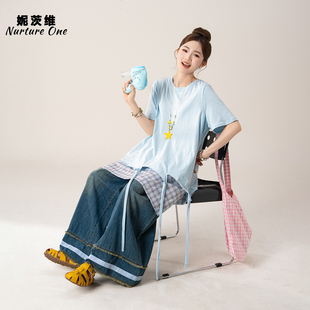 妮茨维【夏日简序】不规则下摆圆领短袖t恤女古早味穿搭格纹上衣
