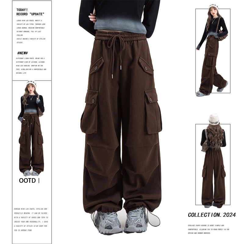 美式复古咖色工装裤女秋冬加绒加厚抽绳松紧腰显瘦阔腿运动休闲裤,女装/女士精品,休闲裤,淘宝优惠券,粉丝福利购,淘宝优惠卷