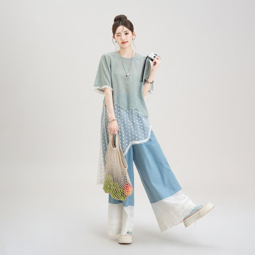 不规则蕾丝短袖T恤牛仔阔腿裤女