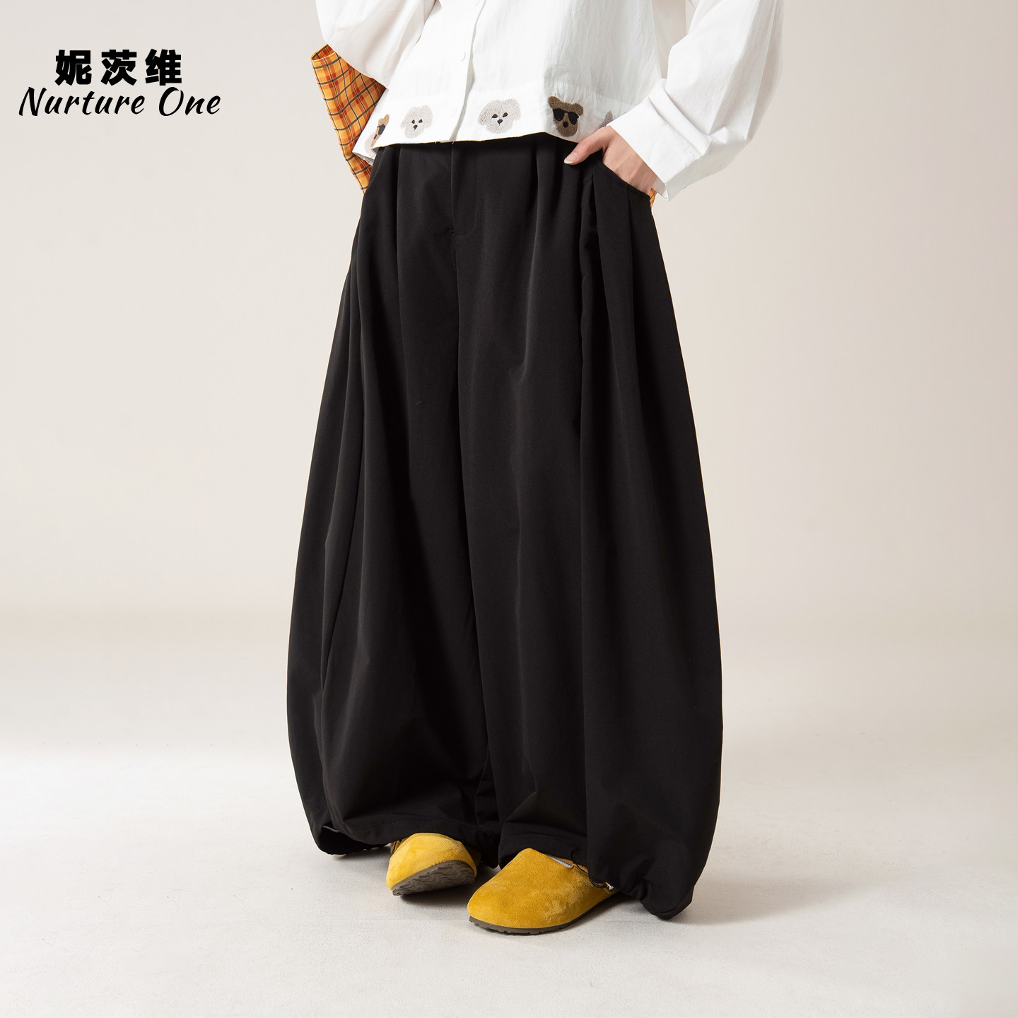 黑色垂感休闲裤女春日穿搭小个子宽松显瘦阔腿弯刀气球裤灯笼裤子