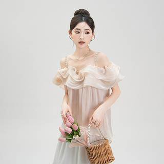 粉色一字肩吊带波浪边雪纺衬衫女夏季穿搭法式甜美超仙遮肚子上衣