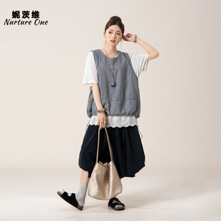 妮茨维【日系格纹】格子抽绳马甲女古早味穿搭叠短袖T恤廓形中裤
