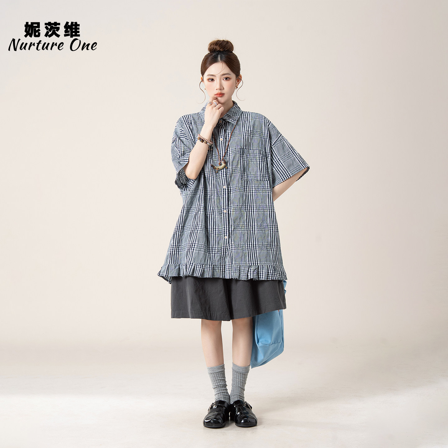 妮茨维【旧格漫语】肌理感格子短袖衬衫秀气格纹穿搭宽松休闲短裤
