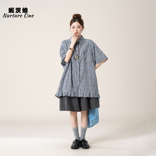 妮茨维【旧格漫语】肌理感格子短袖衬衫秀气格纹穿搭宽松休闲短裤