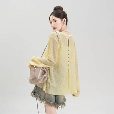黄色后背开叉镂空针织罩衫女上衣