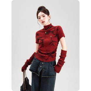安可拉红晕染设计感针织打底衫女秋冬2026新款修身显瘦内搭可外穿