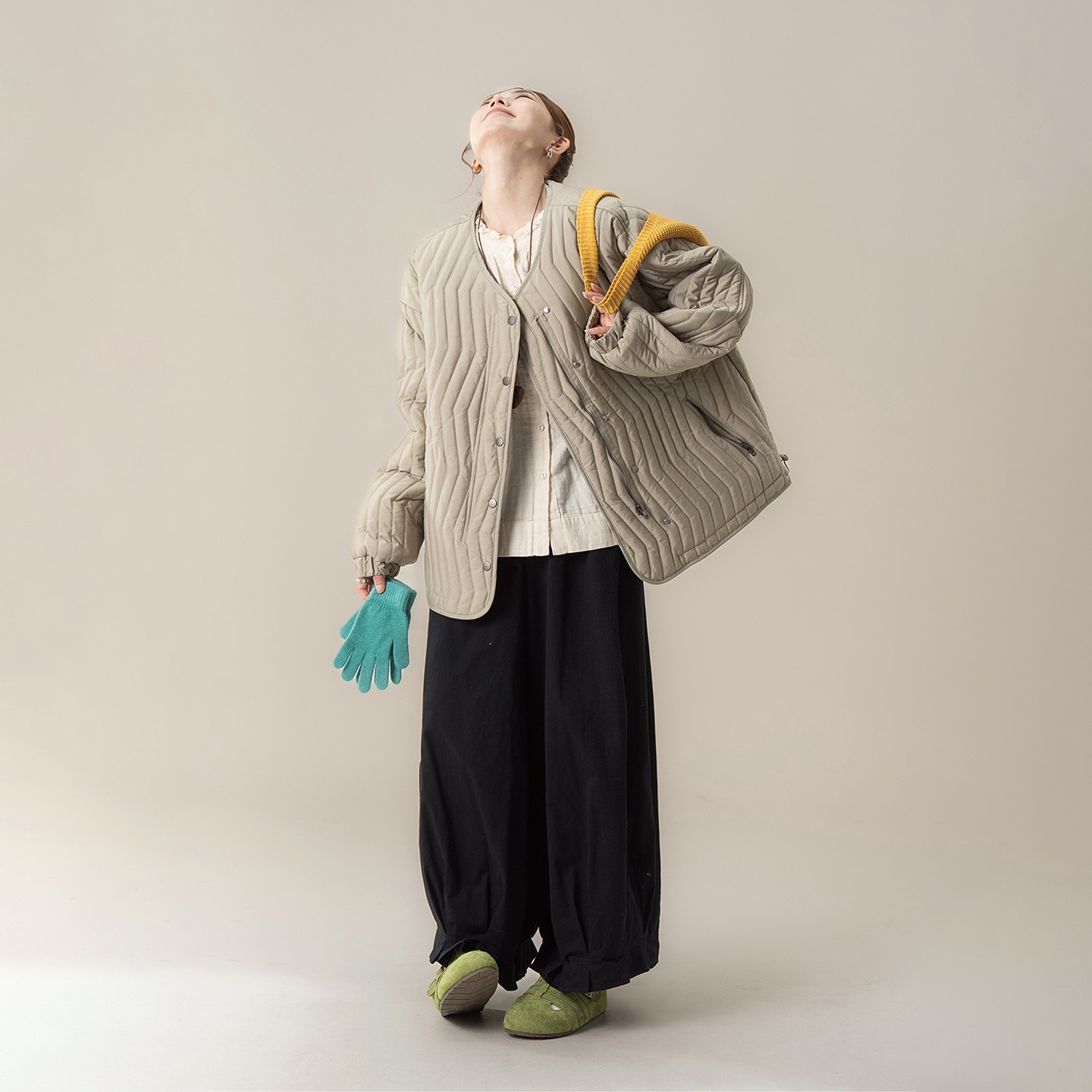 卡绿色极简风波浪纹棉服外套女春秋新款宽松休闲加厚保暖夹克上衣