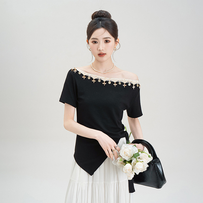 黑色波嬉风斜肩领系带短袖T恤女