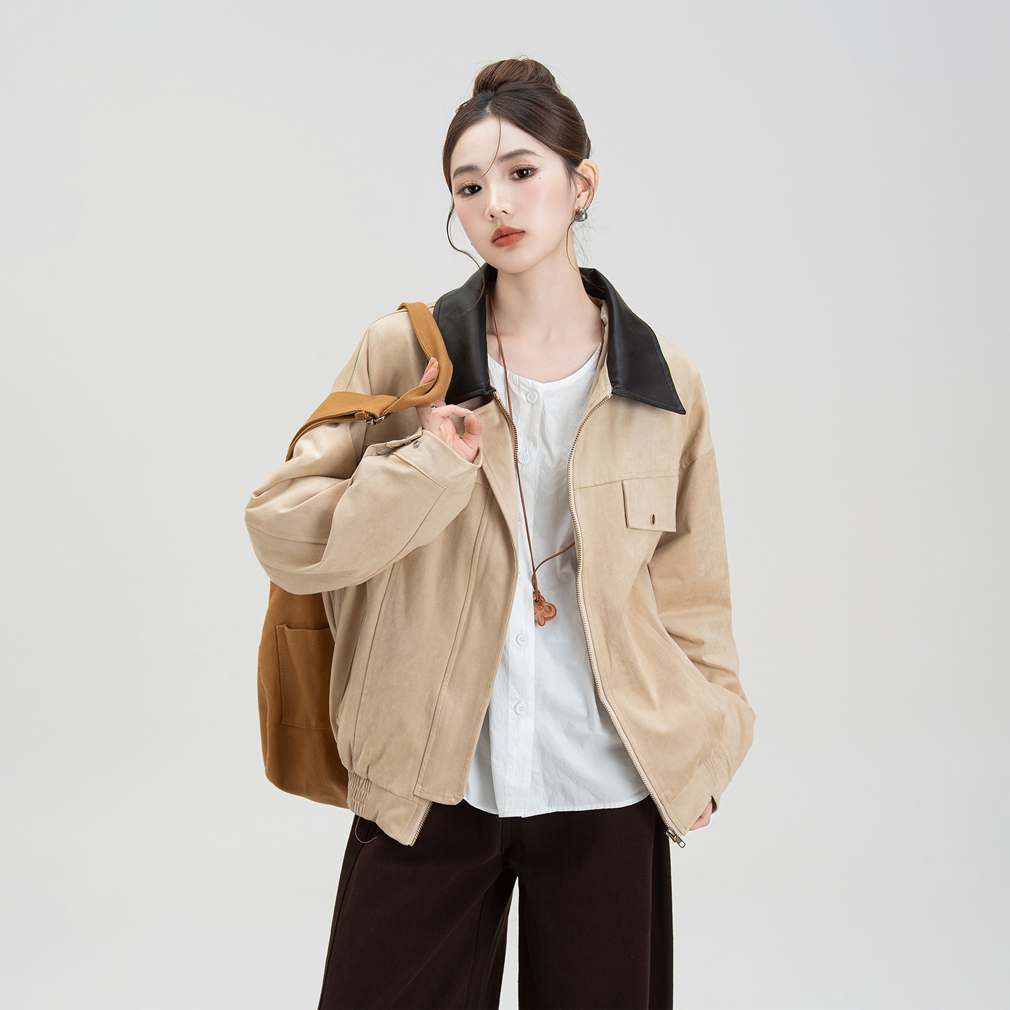 米杏色美式复古麂皮绒外套女上衣