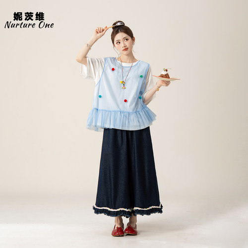 荷叶边网纱背心叠T恤牛仔裤女