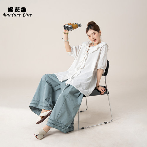 荷叶边系带短袖衬衫阔腿裤两件套
