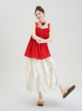 红色露背无袖吊带背心女夏季新款不规则多片错落半身裙子两件套装