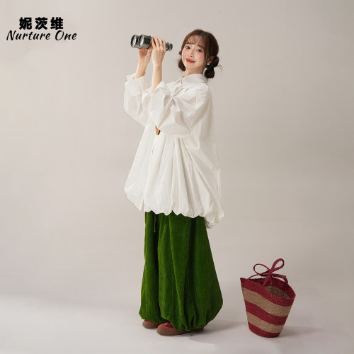 白色宽松慵懒风花苞廓形长袖衬衫
