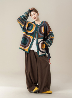 绿色民族风复古宽松慵懒毛衣外套女秋冬新款圆领长袖针织开衫上衣