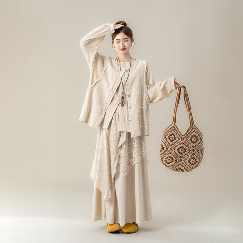 麻本色马甲背心衬衫半身裙套装女