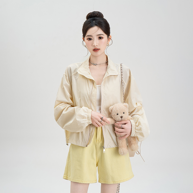 杏色抽绳拉链长袖外套女2025夏季新款凉感透气户外休闲防晒衫上衣