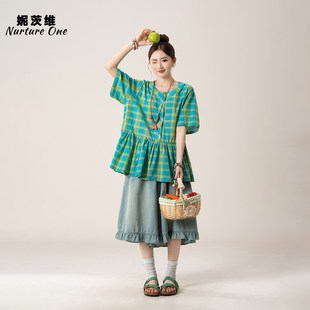 妮茨维【青绿格韵】荷叶边格子短袖衬衫女艺术生穿搭牛仔中裤套装