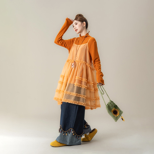 桔色木耳边拼接吊带连衣裙女春季新款层次感宽松减龄A字蓬蓬长裙