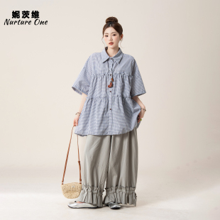 妮茨维【林间格裳】古早味穿搭格子衬衫女叠穿花边宽松阔腿裤套装