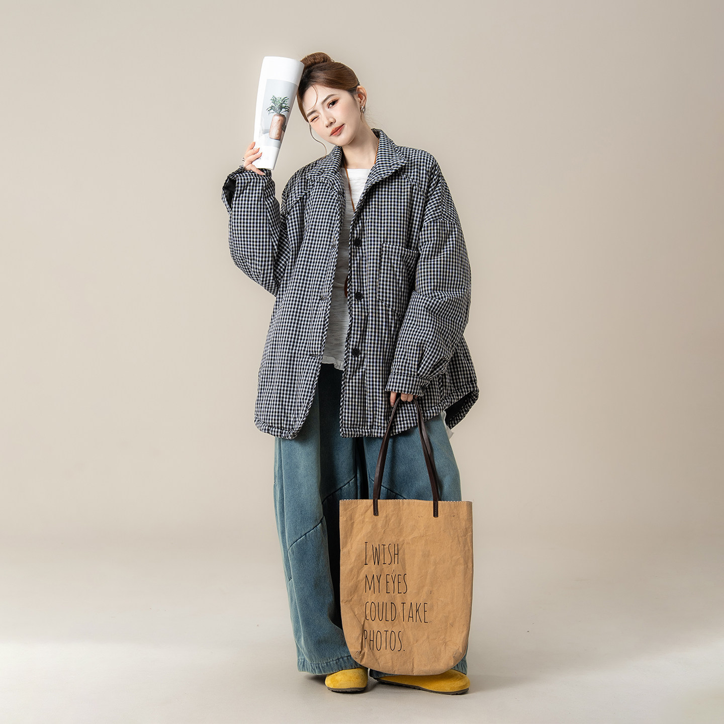 黑色美式复古格子棉服女冬季新款宽松慵懒风加厚保暖夹棉外套上衣