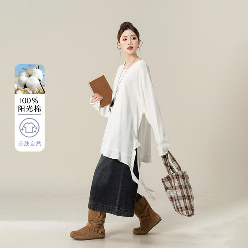 妮茨维设计感拼接荷叶边圆领T恤秋季微胖穿搭侧边飘带打底衫上衣