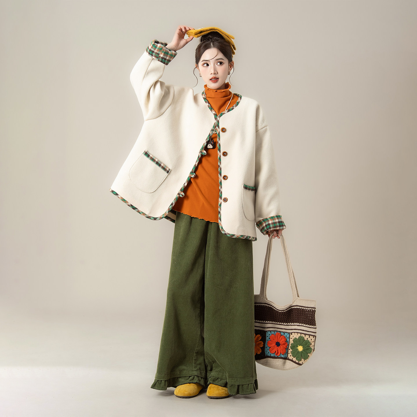 杏色格纹拼接毛呢外套女春秋新款夹棉加厚保暖慵懒风减龄宽松上衣,女装/女士精品,短外套,淘宝优惠券,粉丝福利购,淘宝优惠卷