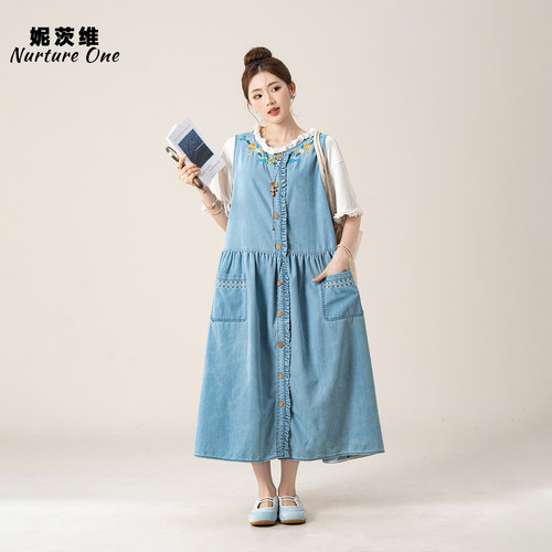 小碎花刺绣牛仔背心连衣裙女T恤