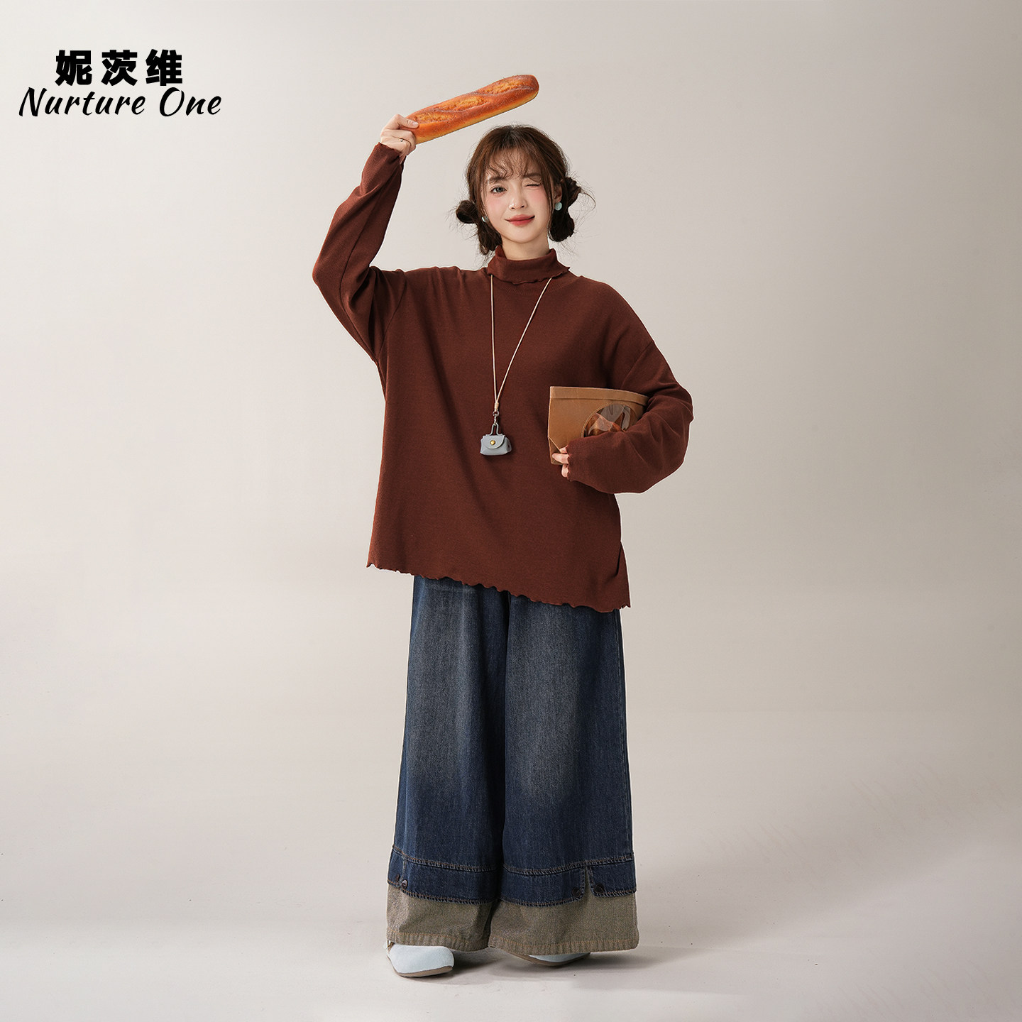 红色日系复古木耳花边高领针织打底衫女早秋穿搭穿搭宽松内搭上衣