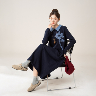 藏蓝色针织提花马甲背心女春秋新款修身显瘦减龄中长款连衣裙套装