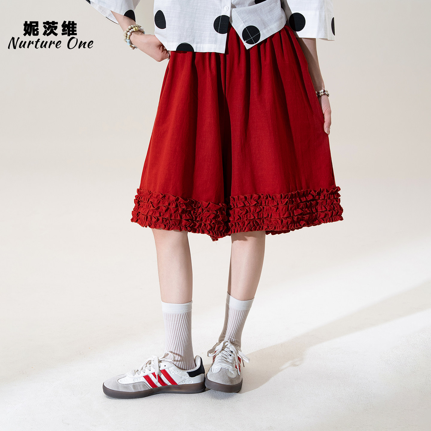 妮茨维【红韵治愈】红色多层木耳边拼接阔腿裤女森系穿搭长款短裤