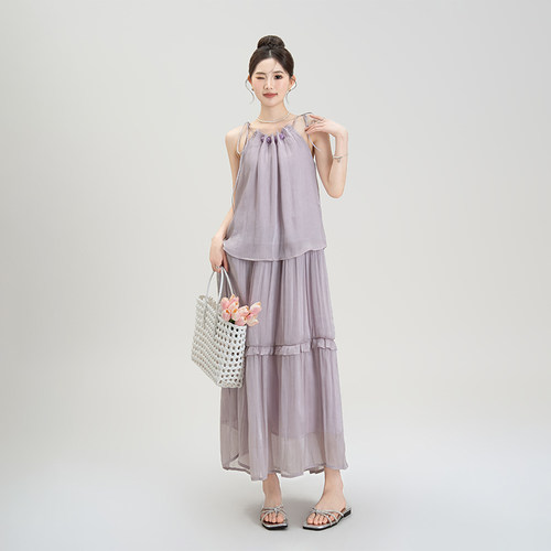 紫色法式挂脖吊带蛋糕连衣裙女夏
