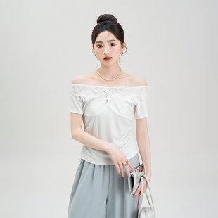 白色一字肩扭结短袖 蕾丝拼接褶皱收腰露肩上衣 T恤女2025夏季 新款
