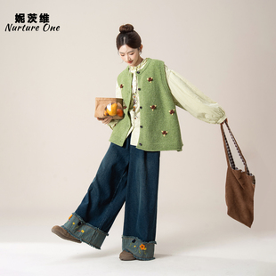 抹茶绿色立体花针织马甲女春季新款圆领宽松叠穿开衫无袖背心上衣