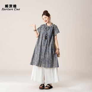 妮茨维【蓝韵栖心】中长款短袖衬衫女初恋氛围感穿搭阔腿裤子套装