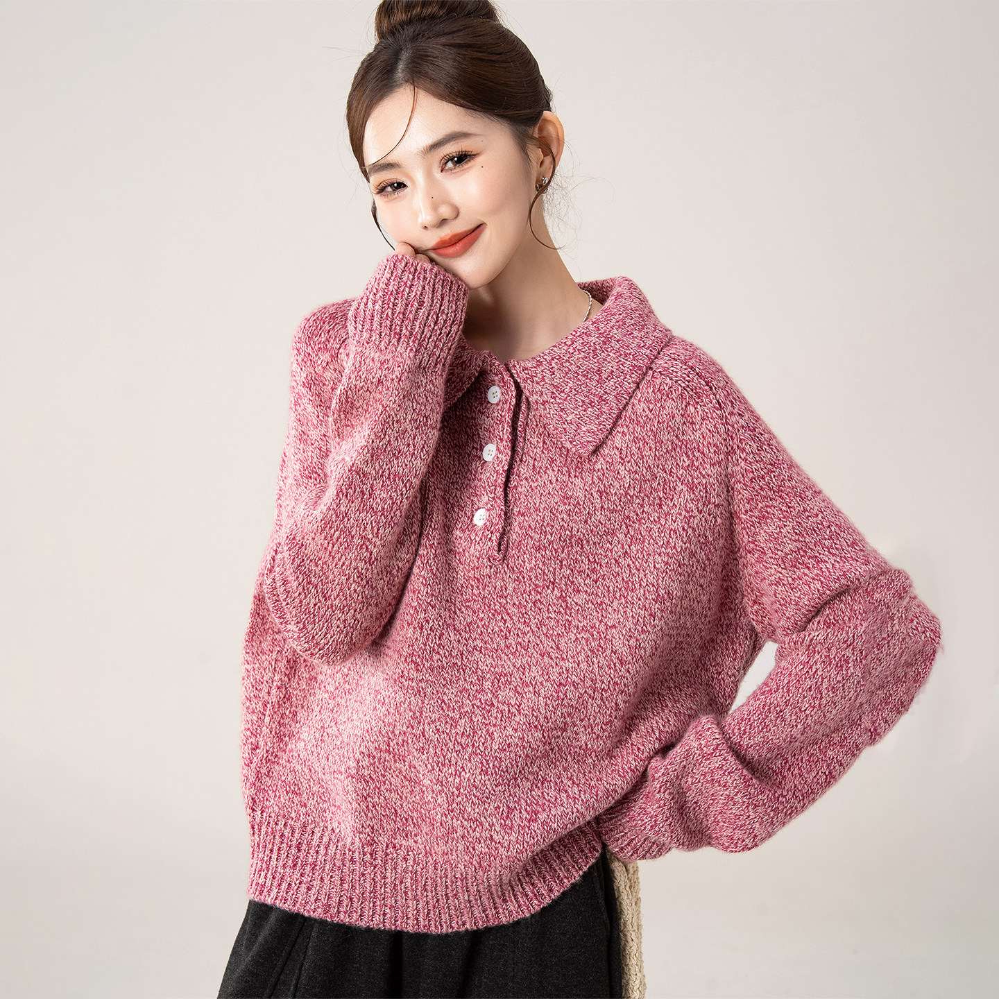 玫红色翻领宽松慵懒风针织内搭打底衫女冬季新款软糯减龄长袖毛衣,女装/女士精品,毛衣,淘宝优惠券,粉丝福利购,淘宝优惠卷