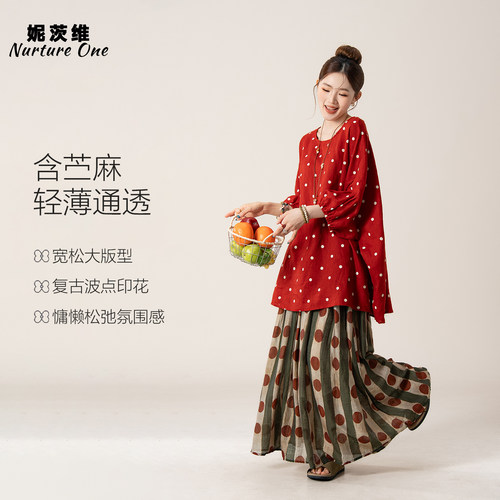 日系复古波点苎麻衬衫宽松上衣