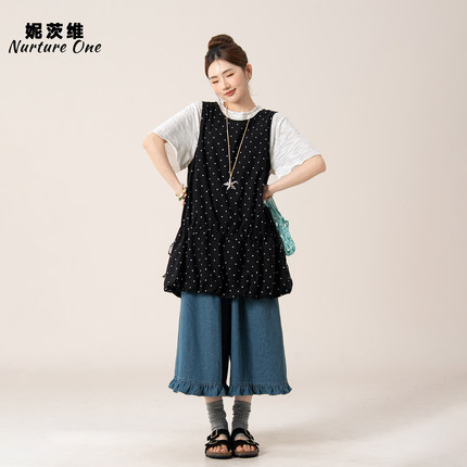 妮茨维【波点轻氧】花苞背心裙女不费力穿搭短袖T恤牛仔裤三件套